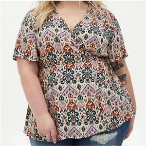 Torrid 3 Faux Wrap Top Plus Size Flutter Sleeve‎ Geometric Print V-Neck 3x 22 24